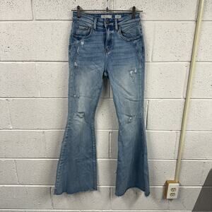 Kancan Womens Size 26 High Rise Flare Jeans Light Wash Distressed Stretch Denim